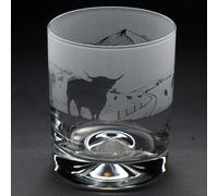 Glyptic Glass Art Highland Cattle Whiskey Tumbler Glass - Hand Etched/Engraved Gift