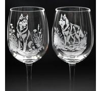 Glyptic Glass Art Siberian Husky Dog Crystal Wine Glass - Hand Etched/Engraved Gift - Left
