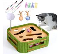 GLYVIAN 5-in-1 Cat Toys Interactive Wooden Cat Puzzle Toy Intelligence Treat Puzzle Feeder Box Game Enrichment Accessories with Jingle Balls, Wands, and Spiral Springs for Indoor Kitten Adult Cat