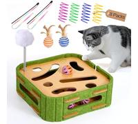 GLYVIAN 5-in-1 Cat Toys Interactive Wooden Cat Puzzle Toy Intelligence Treat Puzzle Feeder Box Game Enrichment Accessories with Jingle Balls, Wands, and Spiral Springs for Indoor Kitten Adult Cat