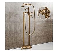 Glyyr Floor Standing Bath Faucet, Brass Antique Freestanding Bath Filler with Single Handle Handheld Shower Faucet and High Flow Rotary Spout Mixer Faucet (Brass A)