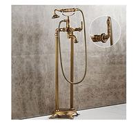 Glyyr Floor Standing Bath Faucet, Brass Antique Freestanding Bath Filler with Single Handle Handheld Shower Faucet and High Flow Rotary Spout Mixer Faucet (Brass B)