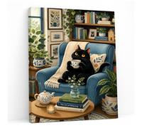 Glyzaen 12 x 16 Inch Framed Cat Wall Art, Cosy Reading Nook Canvas Print | Pine-framed black cat canvas with HD moisture-resistant printing, drill-free strips, fitted hook and nails included