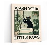 Glyzaen Black Cat Bathroom Art, 12 x 16 Inch Framed Canvas Print for Toilet | Pine-framed cat print with HD moisture-resistant colour, drill-free strips and fitted hook for bathrooms and cloakrooms.