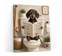 Glyzaen Funny Dachshund Bathroom Wall Art, Framed 12 x 16 Inch Canvas Print | Pine-framed dog canvas with HD moisture-resistant print, drill-free option and pre-fitted hook for bathroom walls.