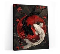 Glyzaen Koi Fish and Red Moon Canvas Wall Art, 12 x 16 Inch | Framed HD canvas print with pine wood frame for bedroom, living room or home office