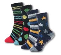 GM Apparel Boys Kids Fluffy Slipper Socks - Non-Skid Gripper - Bed Sock - Super Soft Fuzzy - Cosy Thermal - Stars - Pack of 4 Pairs (2-3 Year)