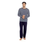 GM Apparel Men's Long Sleeve Cotton Pyjama Set - 2 Piece Jersey Sleepwear & Loungewear with Drawstring Trousers, Lightweight Breathable Nightwear for Men, Navy/Blue, UK - M