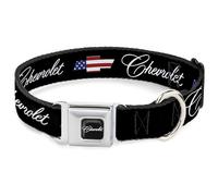GM General Motors Pet Collar, Dog Collar Metal Seatbelt Buckle, Chevrolet Script and Americana Bowtie Black, 13 to 17 Inches 1.5 Inch Wide