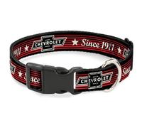 GM General Motors Pet Collar, Dog Collar Plastic Buckle, Chevrolet Bowtie Since 1911 Stars Stripe Black Red Ivory, 16 to 23 Inches 1.5 Inch Wide