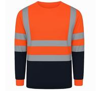 GM WORKWEAR Hi Viz Safety Work T-Shirt - High Visibility Reflective Long Sleeve Crew Neck Top - Breathable Lightweight - S-4XL - 5 Colors Black (UK, Alpha, XXL, Regular, Regular, Orange/Navy)