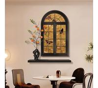 GMBAYUE Antique Style Window Decorative Painting, Arched Wall Decor with Light, Crystal Porcelain Art Decoration, Plug-in Power Hanging Mural for Living Room or Entryway(Yellow,60x73cm/23.6x28.7in)