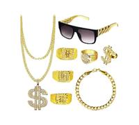 GMBYLBY 8Pcs Hip Hop Costume Kits 80s/90s Outfits Cool Rapper Accessories Sunglass Gold Plated Dollar Sign Chain