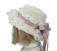 GMBYLBY Handmade Victorian Bonnet Hat With Lace Trim Ribbon Bowknot Straw Sun Hat For Fashion Enthusiast Teaparty Costume Props Party Accessories