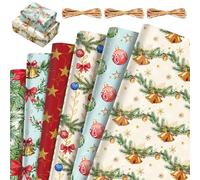 GmeDhc Christmas Wrapping Paper Set, 12 Pieces Christmas Wrapping Paper, 50 x 70 cm, Wrapping Paper Christmas with 2 Rolls of Cotton Rope, Vintage, Kraft Paper