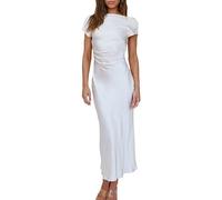 Gmeitoey 2023 Satin Cap Sleeve Cowl Back Summer Dresses for Women Elegant Ruched Waist Wedding Guest Midi Dress Emerald, White, M
