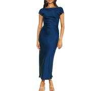 Gmeitoey 2026 Satin Cap Sleeve Cowl Back Summer Dresses for Women Elegant Ruched Waist Wedding Guest Midi Dress, Navy, XS