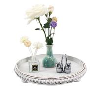 GMFrames Round Decorative Tray Coffee Table Tray with Wood Beaded,Rustic Centerpiece Serving Tray for Farmhouse Kitchen Decor,Bathroom Organizer White