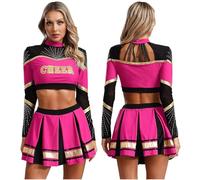 GMGQJST Cheerleader Outfit Adult 2Pcs Women Cheerleading Costume Cheerleader Dance Outfits Long Sleeve Sequins Crop Top With Pleated Skirt Set Cheer Uniform(Pink,L)