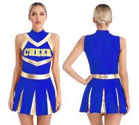GMGQJST Cheerleader Outfit Adult Womens Shiny Cheerleading Uniform Cheer Dance Dress Costume Pleated Print Dress Youthful Sexy Schoolgirl Squad Cosplay Outfits(Blue,L)