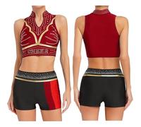 GMGQJST Cheerleader Outfit Adult Womens Shiny Rhinestone Cheerleader Costume Two Pieces Cheerleading Uniform V Neck Tank Tops With Dance Shorts Cheer Dance Set(Deep red,L)