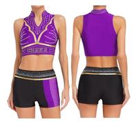 GMGQJST Cheerleader Outfit Adult Womens Shiny Rhinestone Cheerleader Modern Dance Costume Cheerleading Uniform V Neck Tank Tops With Dance Shorts Cheer Dance Set(Purple,L)