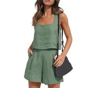 GMGQJST Co Ord Sets For Women Shorts Short Suit Women 2 Pieces Set Vest Shorts Outfit Solid Color Sleeveless Spring Summer Pockets Casual Daily Linen Female Clothing(Light Green,XXL)