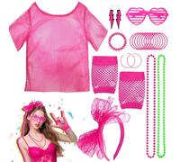 GMHLLES 19PCS 80S Fancy Dress for Women 80 s 90s Party Costume Accessories Neon Clothes with Lace Headband Earrings Necklace for Retro Parties Hen Do Parties