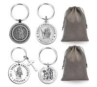 GMHLLES 4 Pack St Christopher Keyring, Biker Prayer Keyring Gifts for Men with Drawstring Bag for New Drivers Riders Travellers