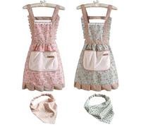 GMHLLES 4pcs Aprons for Women Kitchen Chef Cooking Apron Wrap Around Aprons 1940 Style Vintage Floral, Sleeveless with Pockets, Suitable for Cooking, Baking and Gardening (With Headscarf*2)