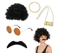 GMHLLES 5 Pcs Disco Hippie Costume, Hippie Accessories, Funky Afro Wig Disco Funky Sunglasses, Necklace, Fake Mustache