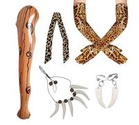 GMHLLES 5PCS Caveman Costume Accessories Adult Kids, Caveman Costumes Including Leopard Scarf Wild Man Stick Leopard Gloves Ivory Necklace Ivory Earrings for Masquerade Party Photography Role Play
