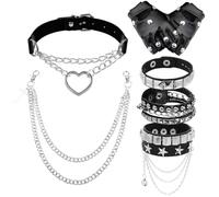 GMHLLES 6 Pcs Emo Accessories Set,Adjustable Studded Bracelet Leather Fingerless Gloves Metal Leather Choker and White Jean Chain for Fancy Dress