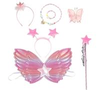 GMHLLES 7 Piece Fairy Costume for Girls,Fairy Wings Kids,Fairy Wand,Crown Crystal Tiaras,for Birthday Party Halloween Photography Props,Pink