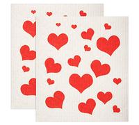 GMIcréatifs Swedish Dishcloths 2 Pack Red Flying Hearts Print Reusable Sponges Kitchen Cleaning Cloth Dish Scrubber, Machine Washable, Measures 7.87”x6.88 inches.