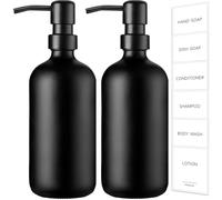 GMISUN Black Soap Dispenser, 2 Pack Matte Glass Hand and Dish Soap Dispenser Set with Rustproof Matte Black Stainless Steel Pump, 16 Oz Refillable Liquid Lotion Pump Bottle for Bathroom and Kitchen