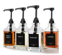 gmisun Coffee Syrup Dispenser, 4 Pack 17 Fl oz / 500 ml Square Glass Syrup Dispenser with Large Capacity Syrup Pump and 36pcs Label Stickers, Modern Coffee Station Accessories for Cafe Bar & Kitchen