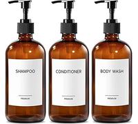 GMISUN Glass Shampoo and Conditioner Dispenser, Shower Soap Dispenser Bottles with Labels, Refillable Shampoo Conditioner Body Wash Dispensers, Amber Glass Soap Pump Dispenser Set for Bathroom Shower