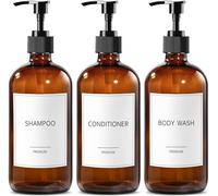 GMISUN Glass Shampoo and Conditioner Dispenser, Shower Soap Dispenser Bottles with Labels, Refillable Shampoo Conditioner Body Wash Dispensers, Amber Glass Soap Pump Dispenser Set for Bathroom Shower