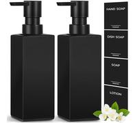 GMISUN Hand Soap Dispenser, 2 Pcs Black Glass Soap Dispensers for Bathroom, 12 Fl oz Dish Soap Dispenser Set for Kitchen, Refillable Washing up Liquid Dispensers with Labels, Handwash Pump Bottle