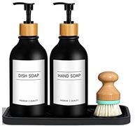 GMISUN Kitchen Soap Dispenser Set, 17 Fl Oz/500ML Hand and Dish Soap Dispenser Set With Silicone Tray and Brush, Modern Black Dish Soap Dispensers for Kitchen, Refillable Washing Up Liquid Dispensers