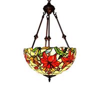 GMJGCIRVC 16 Inch Chandelier,Stained Glass Shade Inverted Ceiling Pendant Lamp,4 Arms,2 Light Vintage Pendant Hanging Lamp Fixture for Living Room Bedroom