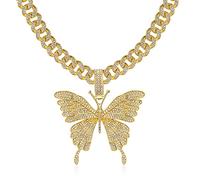 GMJGCIRVC Miami Cuban Link Pendant Chain for Men Women Silver Gold Plated Statement Big Butterfly Necklace Diamond Rhinestone Choker Necklace Iced Out Pendant Hip Hop Jewelry for Women Men