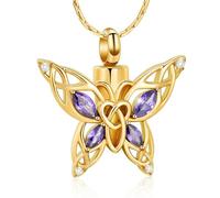 GMLRTOSPT Butterfly Urn Necklace Cremation Jewelry for Ashes for Women Stainless Steel Inlaid Crystal Memorial Pendant Ash Holder Keepsake-Gold-Purple