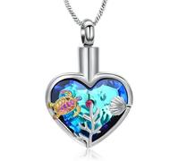 GMLRTOSPT Crystal Heart Cremation Urn Necklace for Ashes for Women Men Sea Turtle Cremation Jewelry for Ashes Memorial Ash Pendant-Blue-Colorful