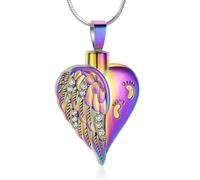 GMLRTOSPT Love Heart Shape Urn Necklace with Footprint 316L Stainless Steel Angel Wing Heart Ash Cremation Pendant Necklace-colorful