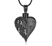 GMLRTOSPT Love Heart Shape Urn Necklace with Footprint 316L Stainless Steel Angel Wing Heart Ash Cremation Pendant Necklace-black