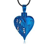 GMLRTOSPT Love Heart Shape Urn Necklace with Footprint 316L Stainless Steel Angel Wing Heart Ash Cremation Pendant Necklace-blue