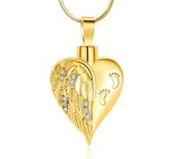 GMLRTOSPT Love Heart Shape Urn Necklace with Footprint 316L Stainless Steel Angel Wing Heart Ash Cremation Pendant Necklace-gold