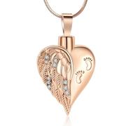 GMLRTOSPT Love Heart Shape Urn Necklace with Footprint 316L Stainless Steel Angel Wing Heart Ash Cremation Pendant Necklace-rose gold